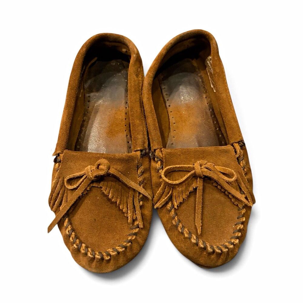 Minnetonka Brown Suede Moccasin Flats Fringe Bow Slip-On Comfort US 8.5